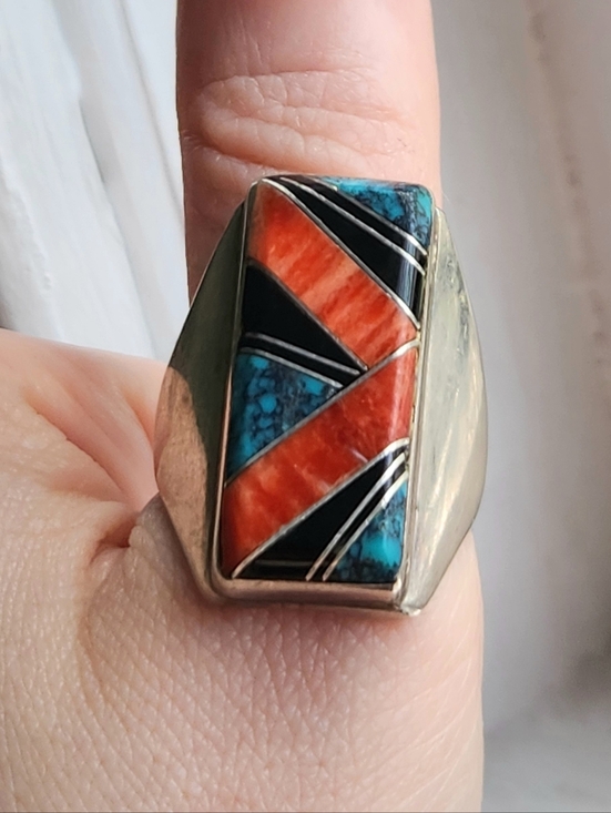 Zuni Other - VINTAGE NAVAJO STERLING SILVER MENS RING WITH SPINY OYSTER, ONYX TURQOUISE SZ 10